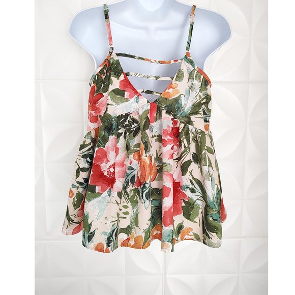 Floral Cropped Ruffle Tank Top Summer Swing Tropical Bow Boho S - Picture 9 of 12